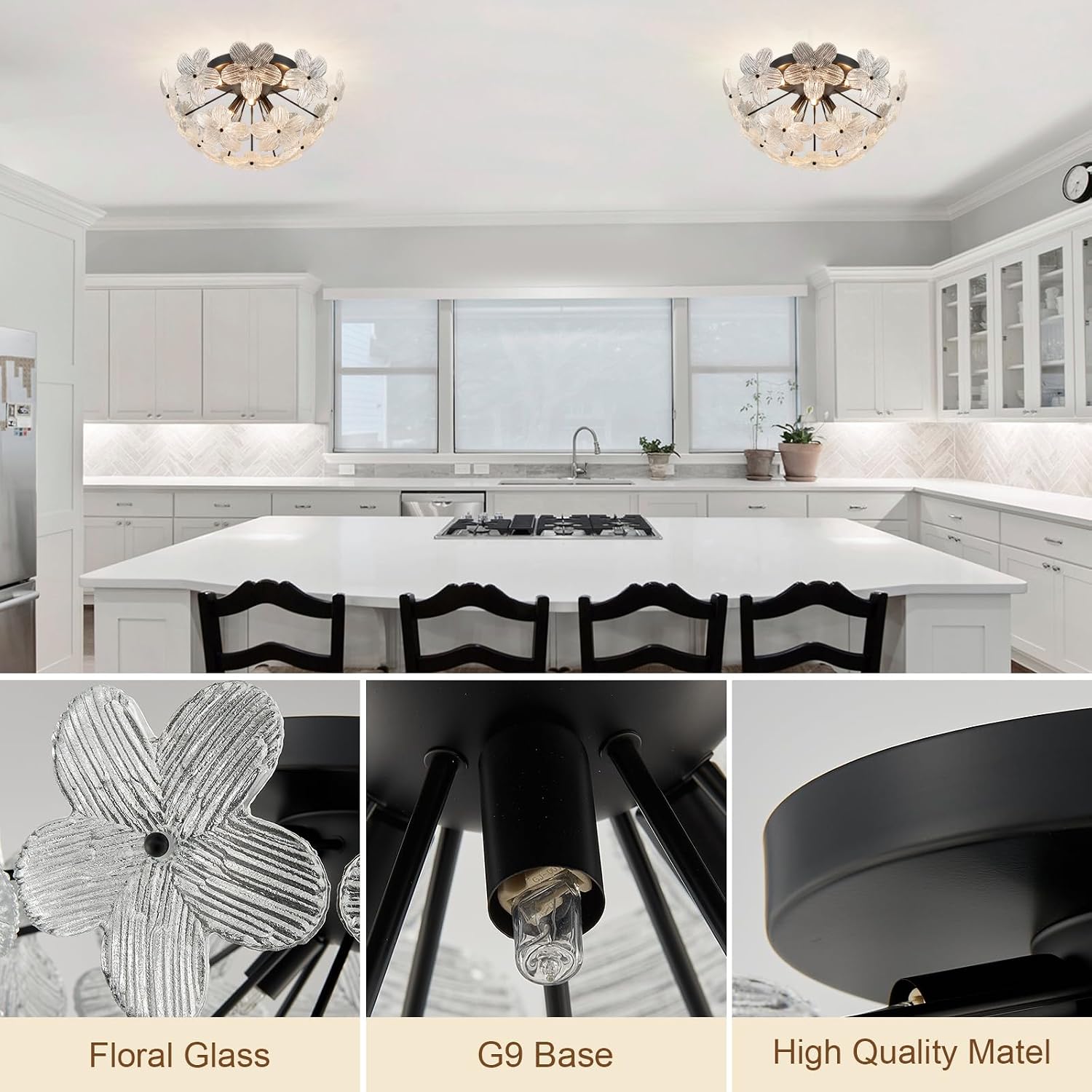 18.5' Black Semi Flush Mount Ceiling Light Fixture, Modern Flower Ceiling Light Fixture Glass Chandelier for Bedroom Bathroom Closet Entryway Foyer Hallway