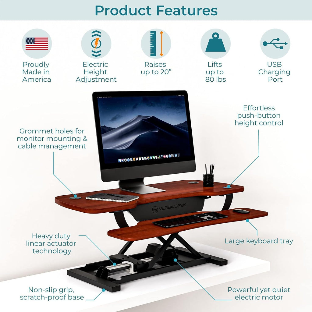 VERSADESK PowerPro 36' x 24' Standing Desk Converter | 7.75' - 23.5' Electric Height Adjustable Sit to Stand Desk Riser w/ Keyboard Tray & USB Hub - Ergonomic Workstation for Home & Office, Cherry