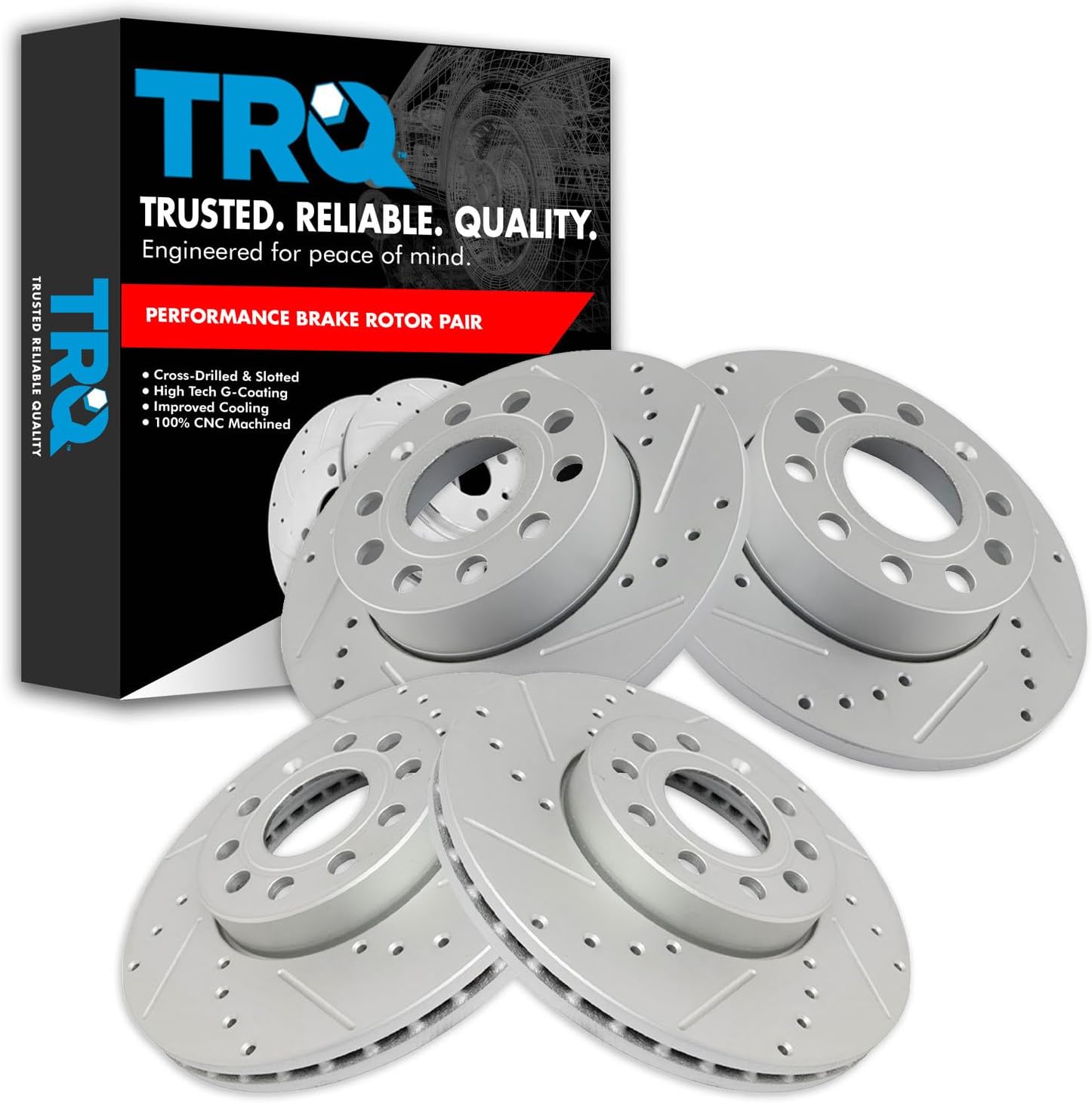 TRQ Performance Front and Rear Brake Rotor Set G Coated Drilled and Slotted Compatible with 2005-2010 Volkswagen Jetta 2008 Rabbit