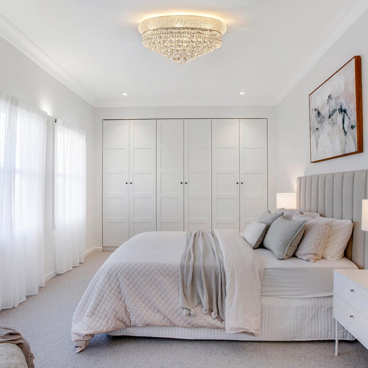 12 - Light Flush Mount Crystal Chandelier for Living Room Dining Room Entryway Hallway Bedroom Foyer Chrome Finish