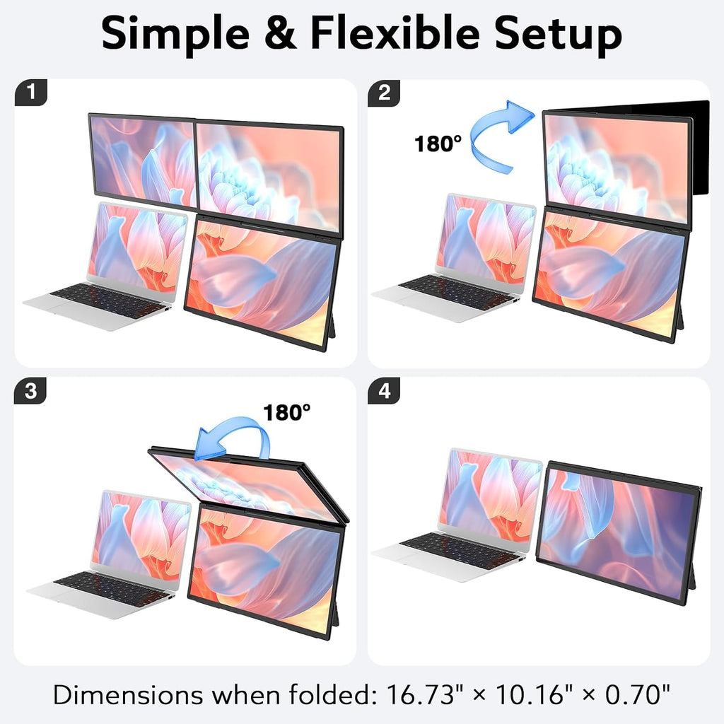 18.5'' Portable Triple Monitor, One Cable Laptop Screen Extender, FHD 1080P Quad Monitor, Built-in Stand Compatible with Windows Mac, Fits 10'-18' Laptops(Driver Need)
