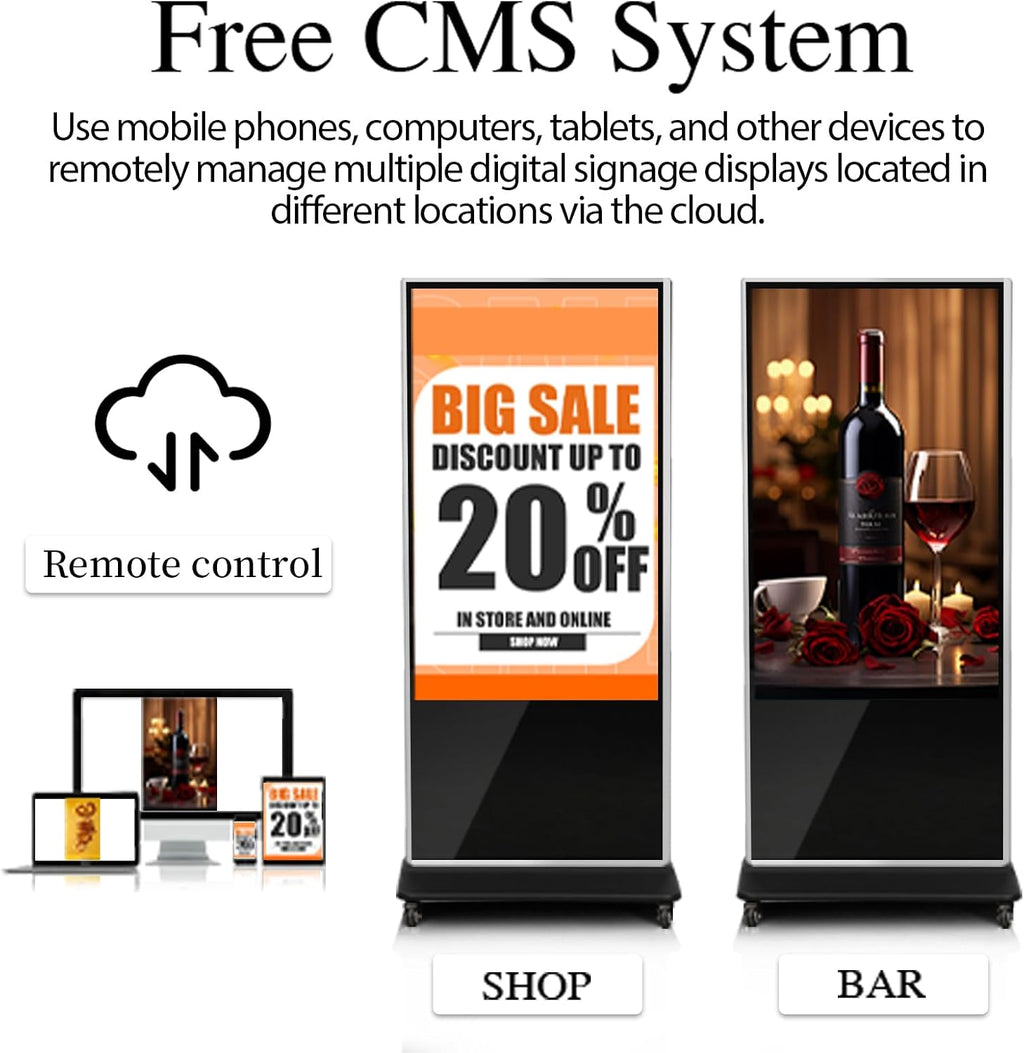 43' 4K LCD Touchscreen Digital Signage Display, Indoor Floor Standing Advertising Kiosk, Commercial Digital Signage Player, HDMI WiFi Bluetooth Input Auto AD Player, 4+32GB Android 14.0 Black
