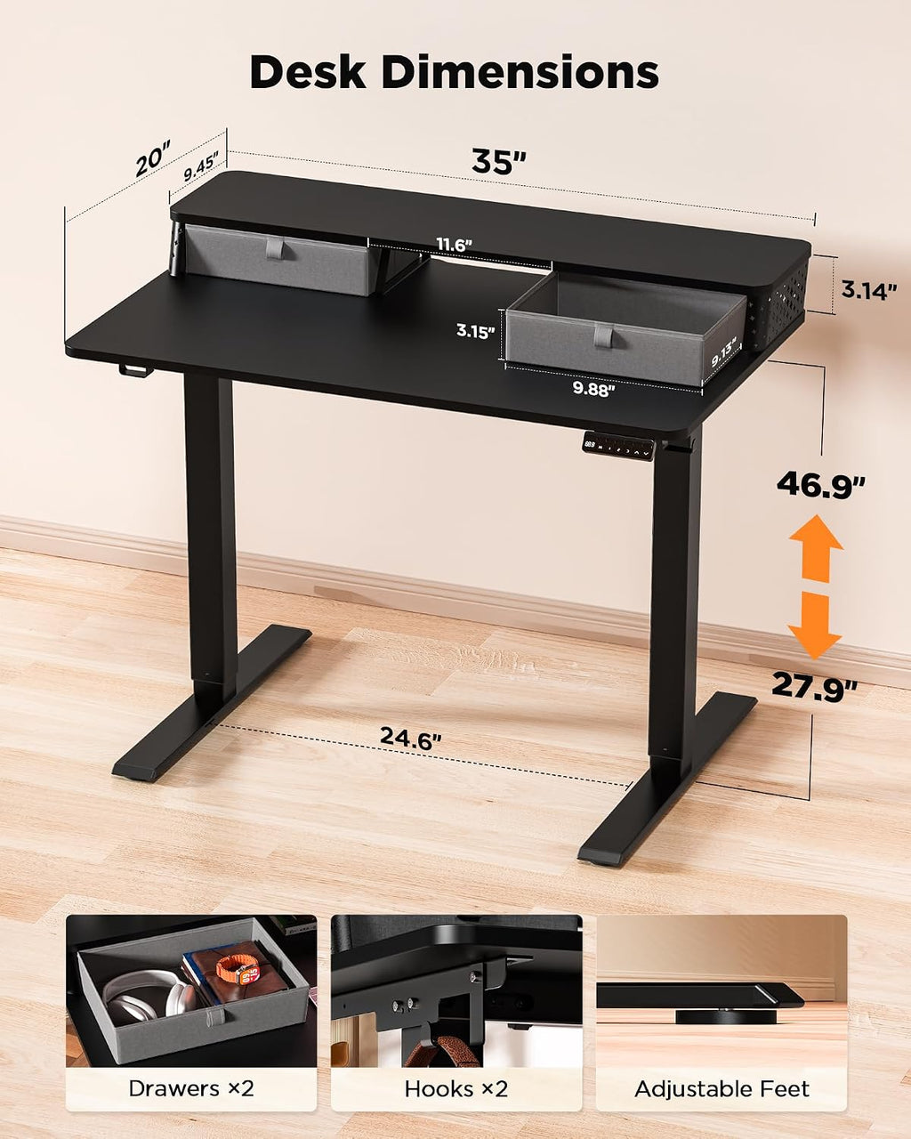 FiCiHi 35x20 Inch Standing Desk with Drawers, C-Clamp Mount Compatible, Electric Adjustable Height Computer Small Stand Up Desks, Home Office Sit Stand Table with 3 Preset Heights, Black