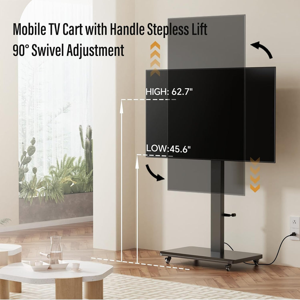 Mobile TV Stand with Power Outlet, Height Adjustable with Handle Stepless Lift,Rolling TV Stand for 32-75inch TVs with 90 Rotating,Portrait to Landscape,TV Cart with Wheels Holds up to 110lbs (Black)