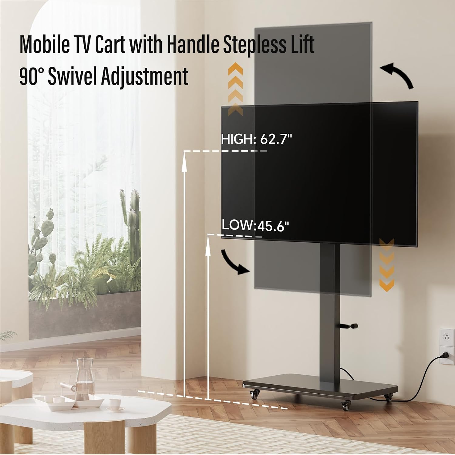 Mobile TV Stand with Power Outlet, Height Adjustable with Handle Stepless Lift,Rolling TV Stand for 32-75inch TVs with 90 Rotating,Portrait to Landscape,TV Cart with Wheels Holds up to 110lbs (Black)