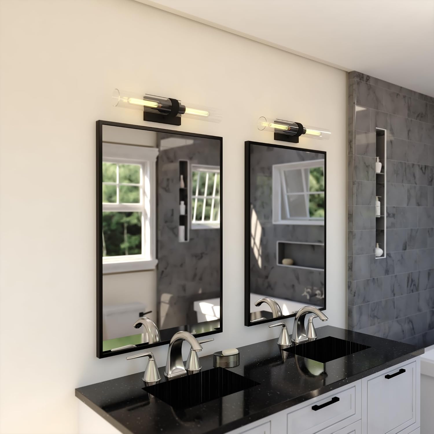 VAXCEL Bari 2-Light 4.5 in. Wide Matte Black Contemporary Wall Sconce, Clear Glass Shade, Dimmable, LED Compatible, Vertical or Horizontal Mount, Steel Bathroom Vanity Lighting Fixture