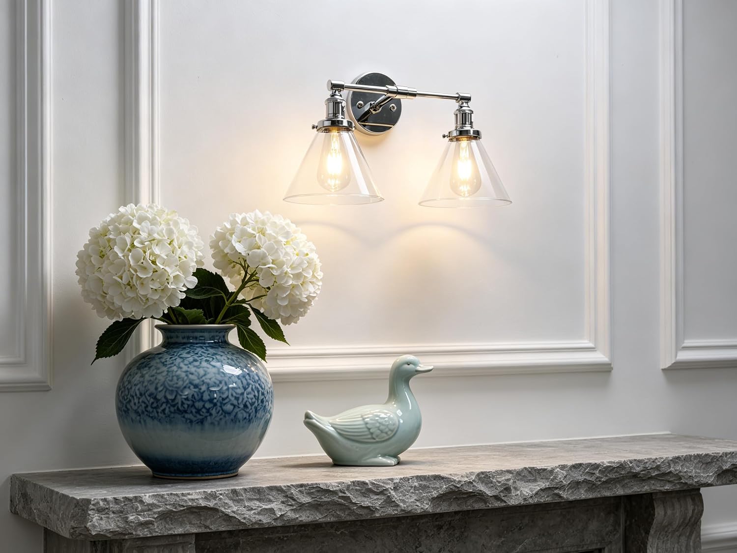 Phansthy 2-Light Wall Sconce Industrial Dual-Light Wall Light with Dual 7.3 Inch Cone Glass Lampshade (Chrome)