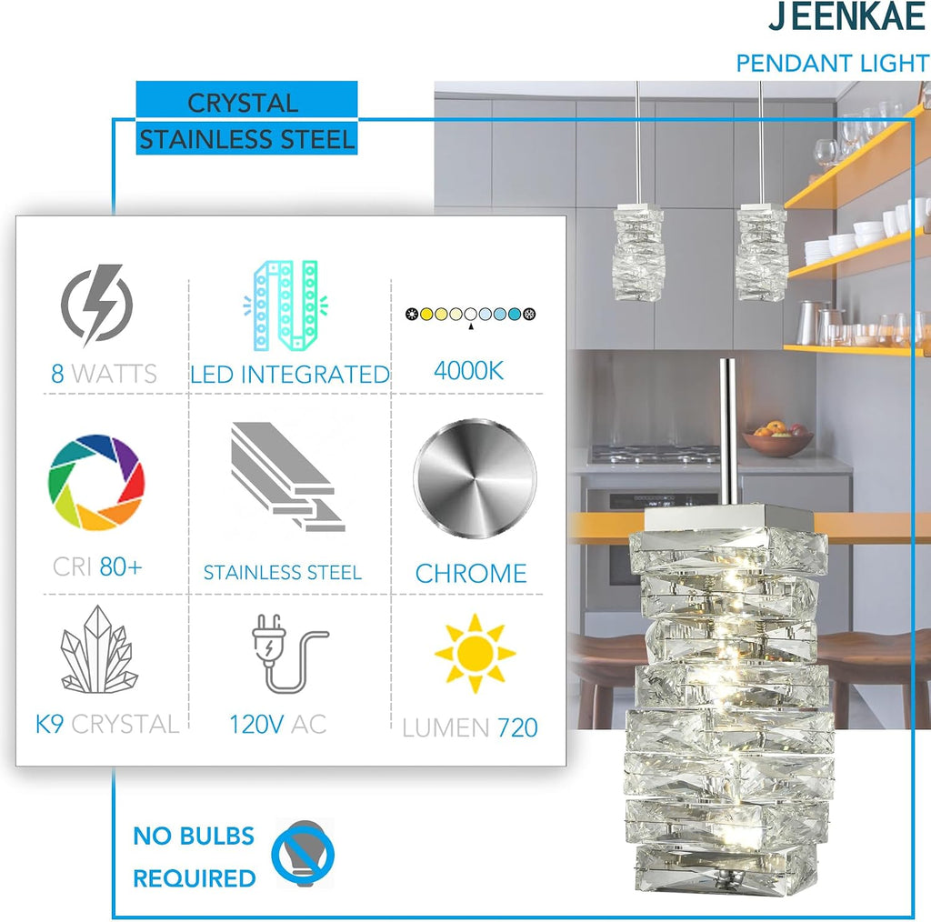 Modern Crystal Pendant Light Bathroom LED Chrome Mini Pendant Lights Kitchen Island, 8W, 4000K, NOT Dimmable