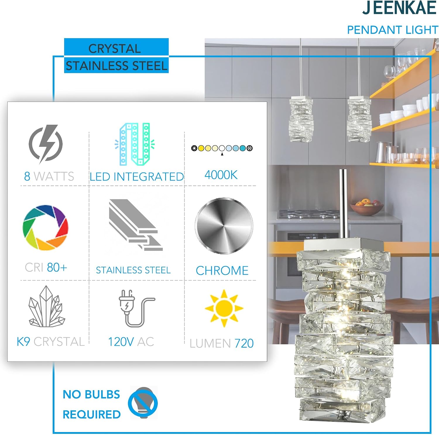 Modern Crystal Pendant Light Bathroom LED Chrome Mini Pendant Lights Kitchen Island, 8W, 4000K, NOT Dimmable