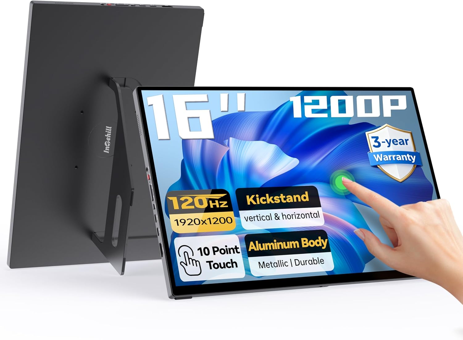 Intehill 16' 120Hz Touchscreen Portable Monitor, Portable Gaming Monitor w/Stand & Speakers, 16:10 Display with Full Laminated Tempered Glass, Touch Screen Travel Monitor for Laptop, T16PB (Black)