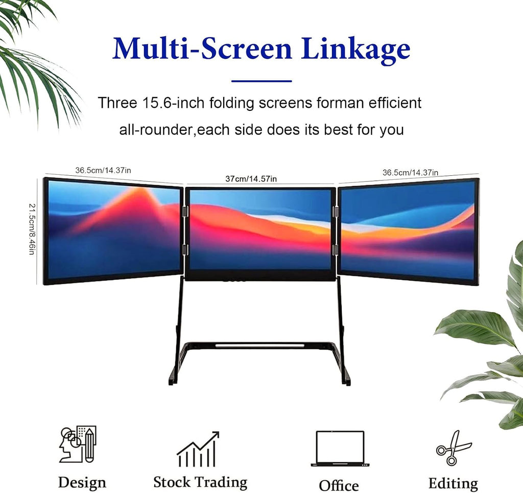 Tri-Screen Laptop Monitor Extender, 15.6 Inch Portable 1080P FHD IPS Display, USB-C HDMI Play Multi-Screen Setup for Office