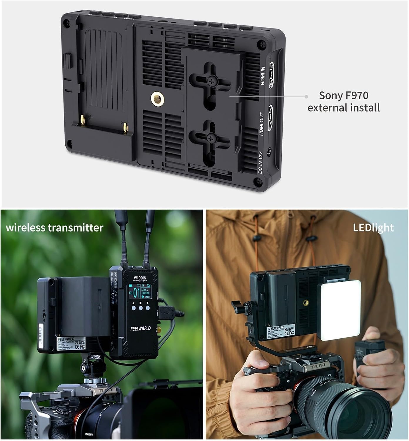 FEELWORLD F6 Pro +NP-F970 Battery, Charger, Storage Case kit, 5.5 Inch 4K HDMI Touch Screen On-Camera Monitor 1600nits High Bright FHD 1920x1080 Filed Monitor with F970 External Install and Power kit