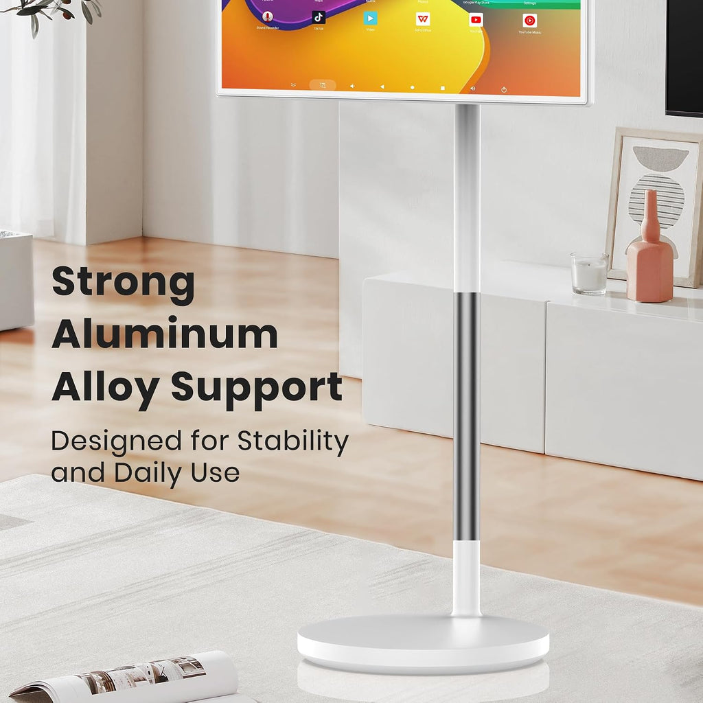 BIGASUO 32' Smart Portable TV on Wheels, 1080P FHD Touchscreen Monitor, 8GB RAM 128GB ROM, Android 13 OS, Rolling TV with Built-in 6H Battery, Full Swivel Rotation, Remote Control, White Design