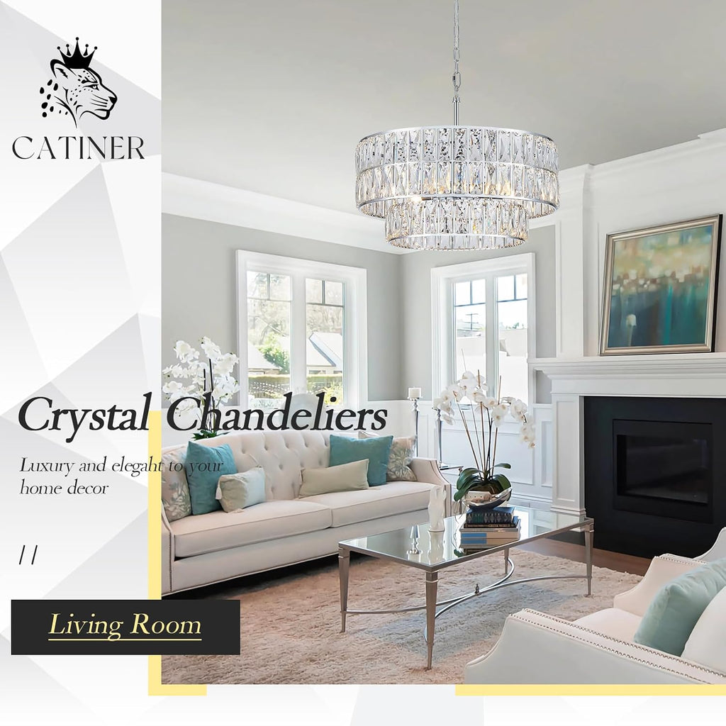 CATINER 20'' Modern Crystal Chandelier Luxury 6-Lights Chrome Semi Flush Mount Ceiling Light Fixtures Round Crystal Pendant Chandelier for Living Room Dining Room Kitchen Foyer Bedroom