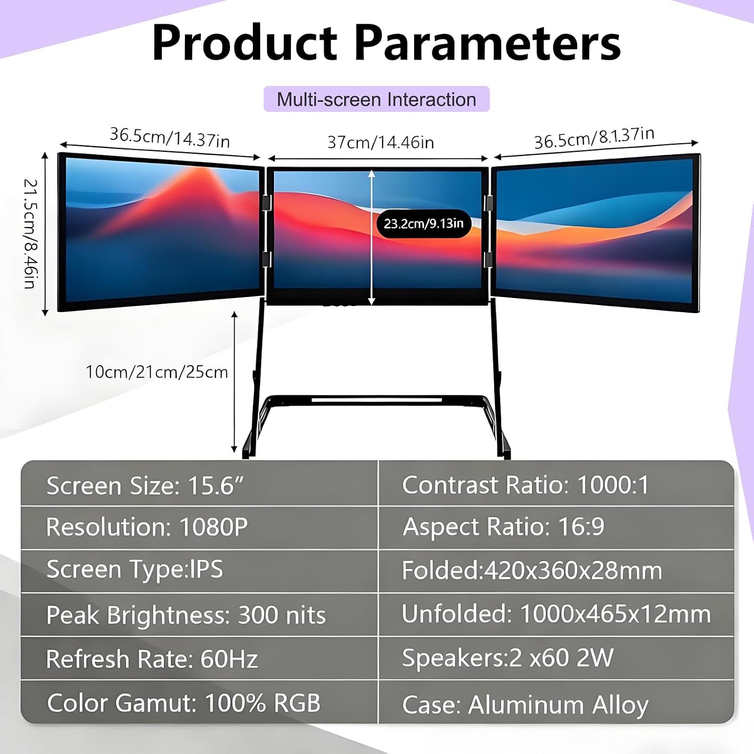 Triple Screen Portable Monitor, 15.6'Laptop Tri-Fold Monitor, 1080p Fhd Extended Laptop Screen Extender with 360° Rotation Adjustable Viewing Angles Compatible with Windows and MAC