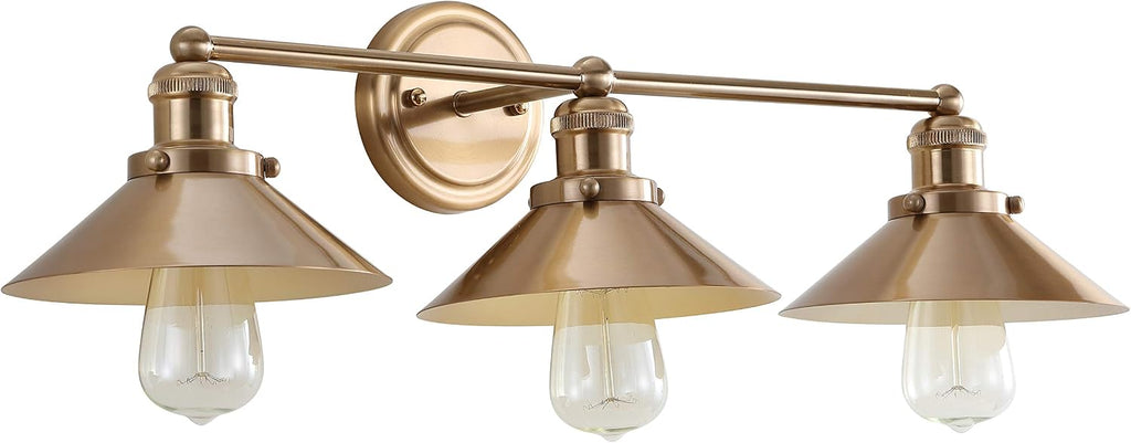 JONATHAN Y 26.5' Brass Gold 3-Light Industrial Farmhouse Metal Vanity Light Wall Sconce, Metal Shade for Bathroom Mirror, Kitchen, Entryway, LED Bulb Included (JYL7431A)