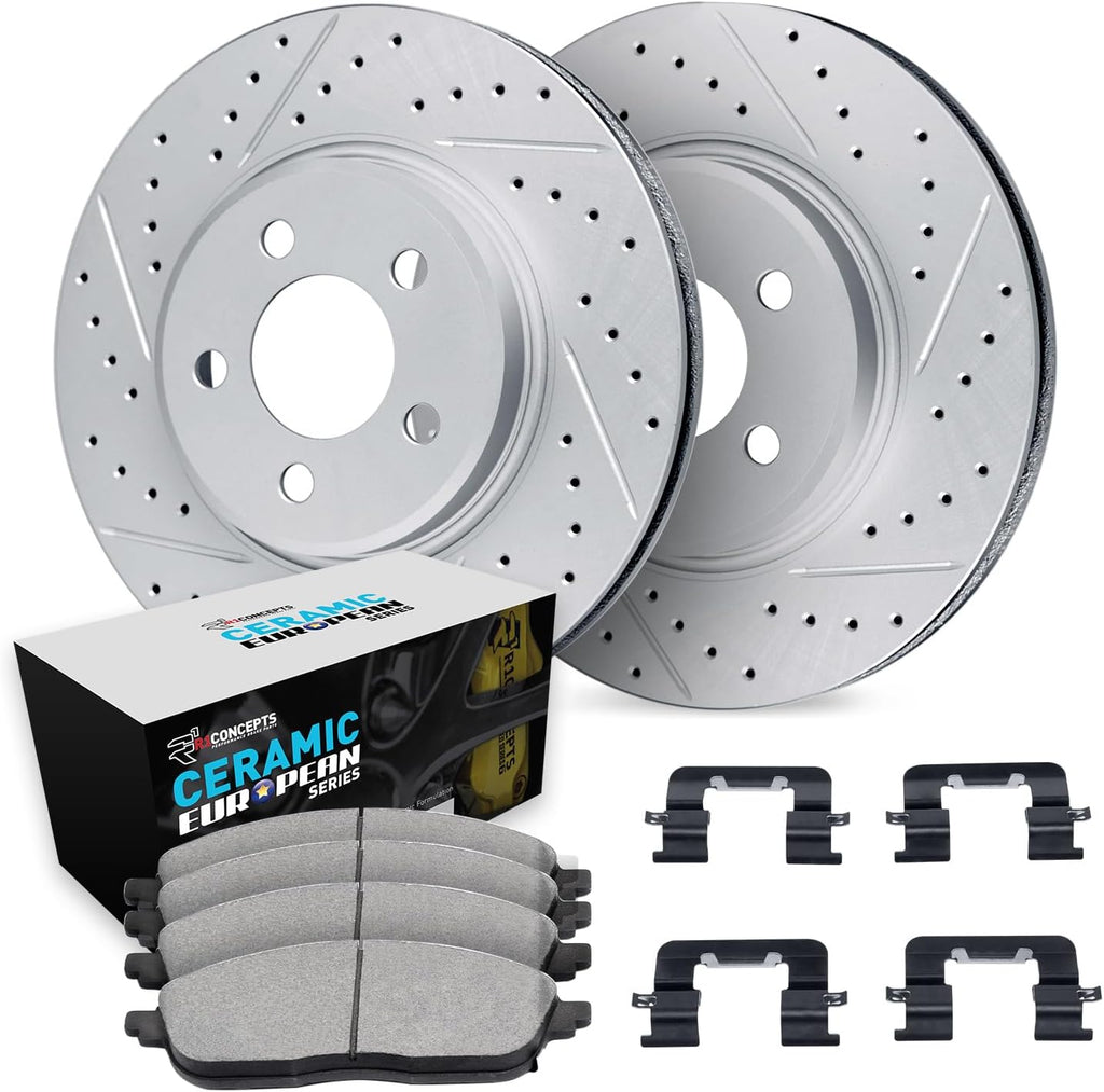 R1 Concepts Front Brake Kit Fits 2002-2006 Acura RSX; 2007-2010 Acura CSX; 2006-2011 Honda Civic| Euro Ceramic Pads, Drilled Slotted Rotors| Hardware| 11.8' Front
