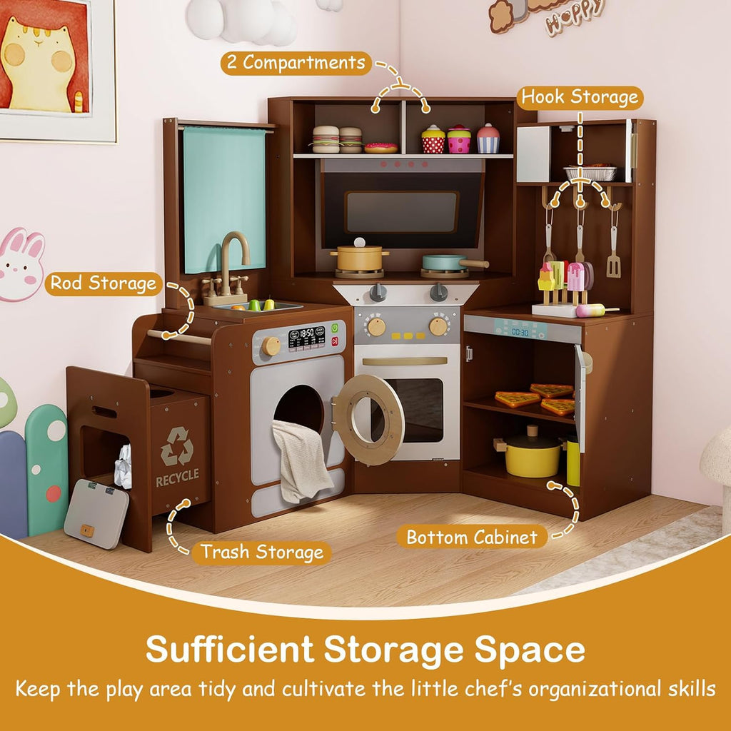 GLACER Corner Wooden Play Kitchen with Real Lights & Sounds, Pretend Kids Kitchen Playset with Trash Bin, Accessories, Dishwasher, Microwave Oven, Cooking Play Set for Toddlers Ages 3+ (Coffee)