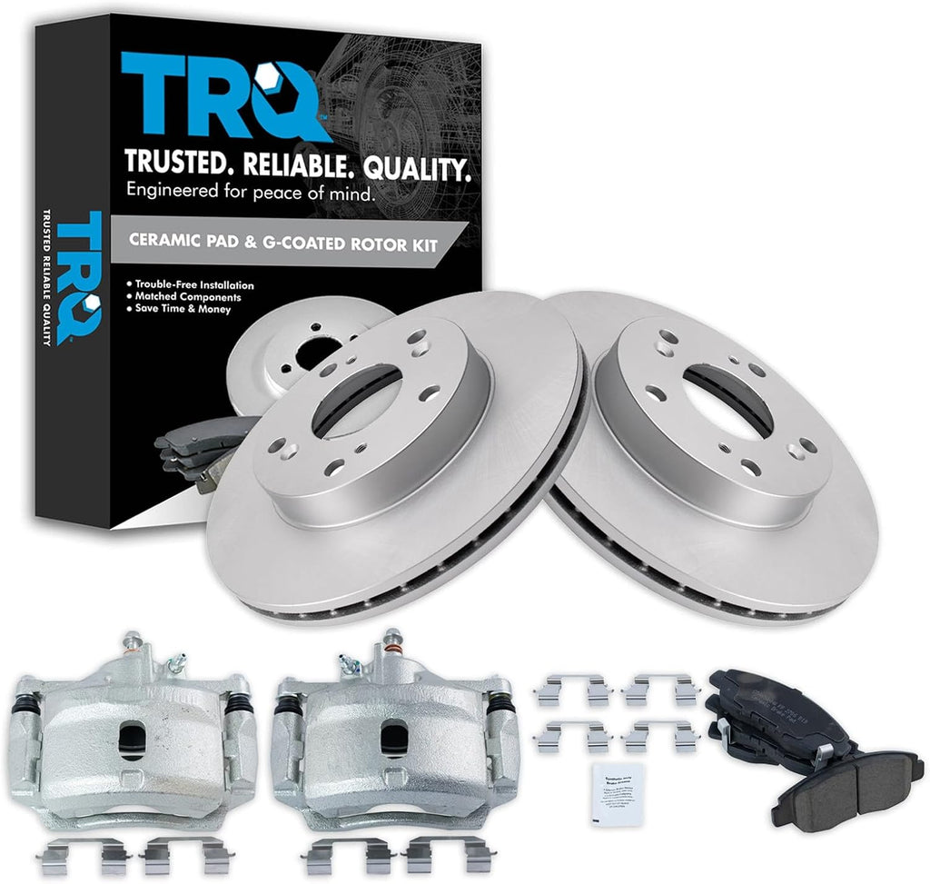 TRQ Front Brake Pad and Rotor Set Ceramic Vented G Coated Rotors Calipers Compatible with 2006-2011 Honda Civic