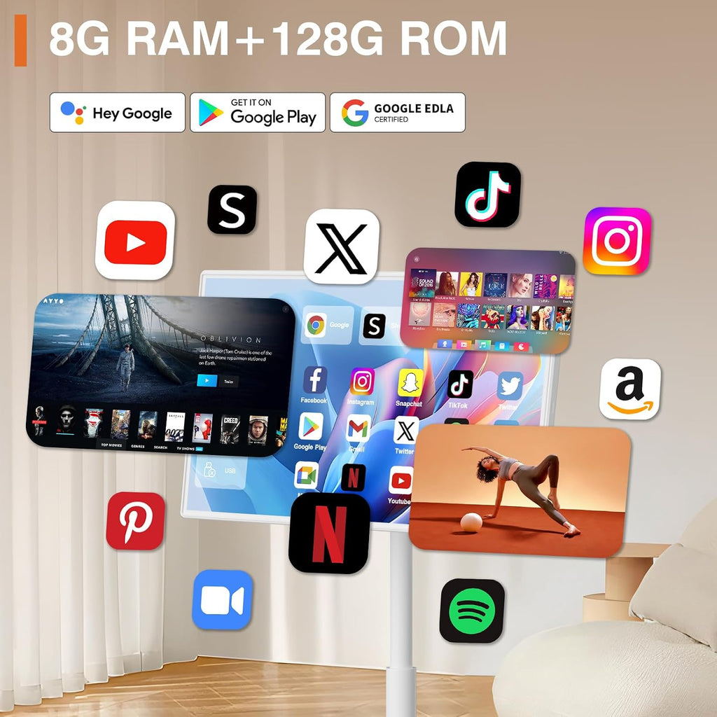32-inch Smart Screen 4K Camera Portable TV |Wireless Portable TV on Wheels |Touch Screen Monitor | Android 13 OS (Support Google Store) Built-in Battery (5-8H) Full Swivel Rotation (8RAM+128GB)