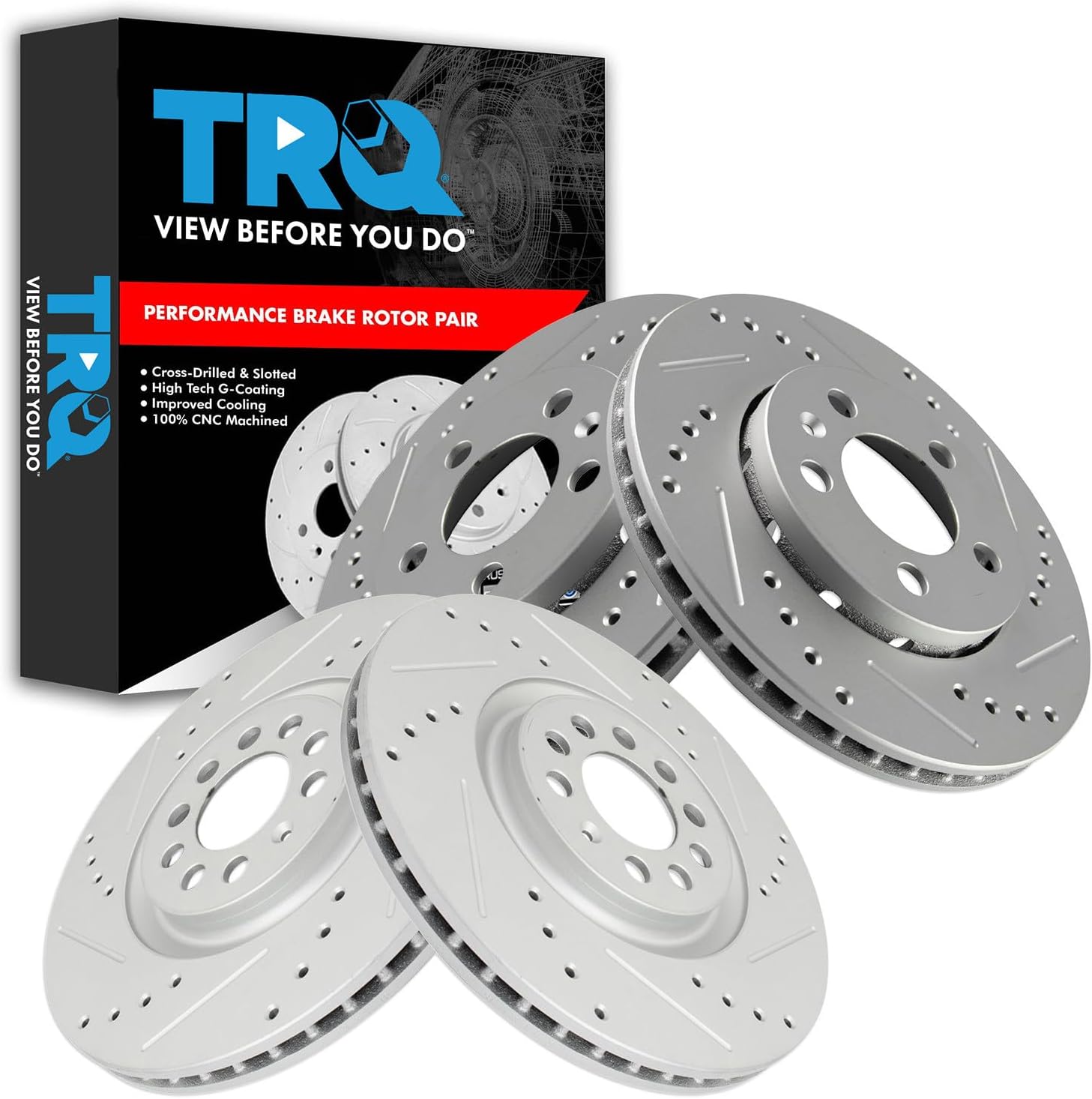 TRQ Performance Front Rear Brake Rotor Set Drilled Slotted G Coated Compatible with 2000-2006 Audi TT Quattro 2003 Volkswagen Golf 2004 Volkswagen Jetta