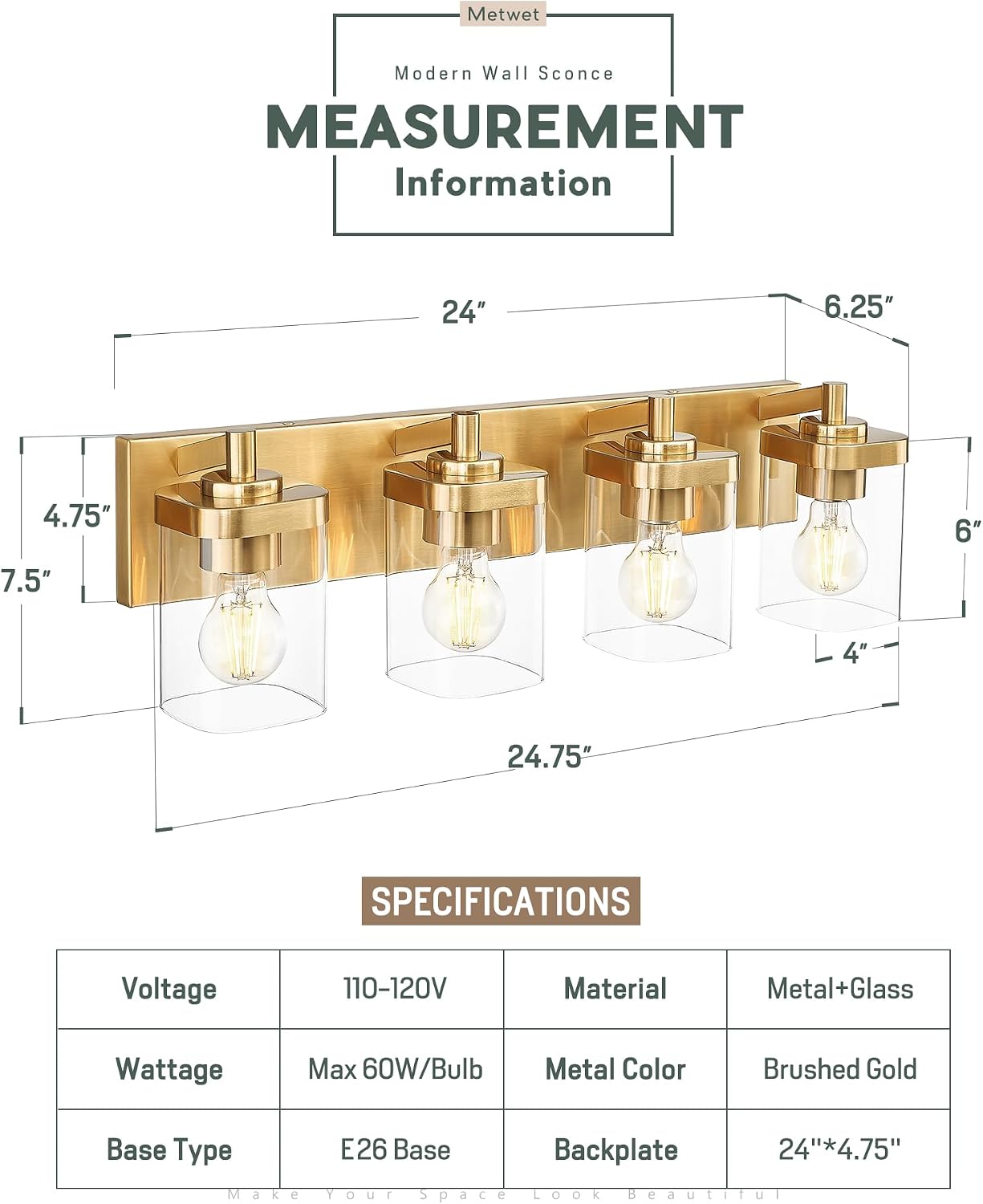 Bathroom Light Fixtures, 25' Brushed Gold Vanity Light, 4-Light Modern Wall Sconces with Square Clear Glass Shade, Vanity Lighting Fixtures Over Mirror, VL194-BG-4