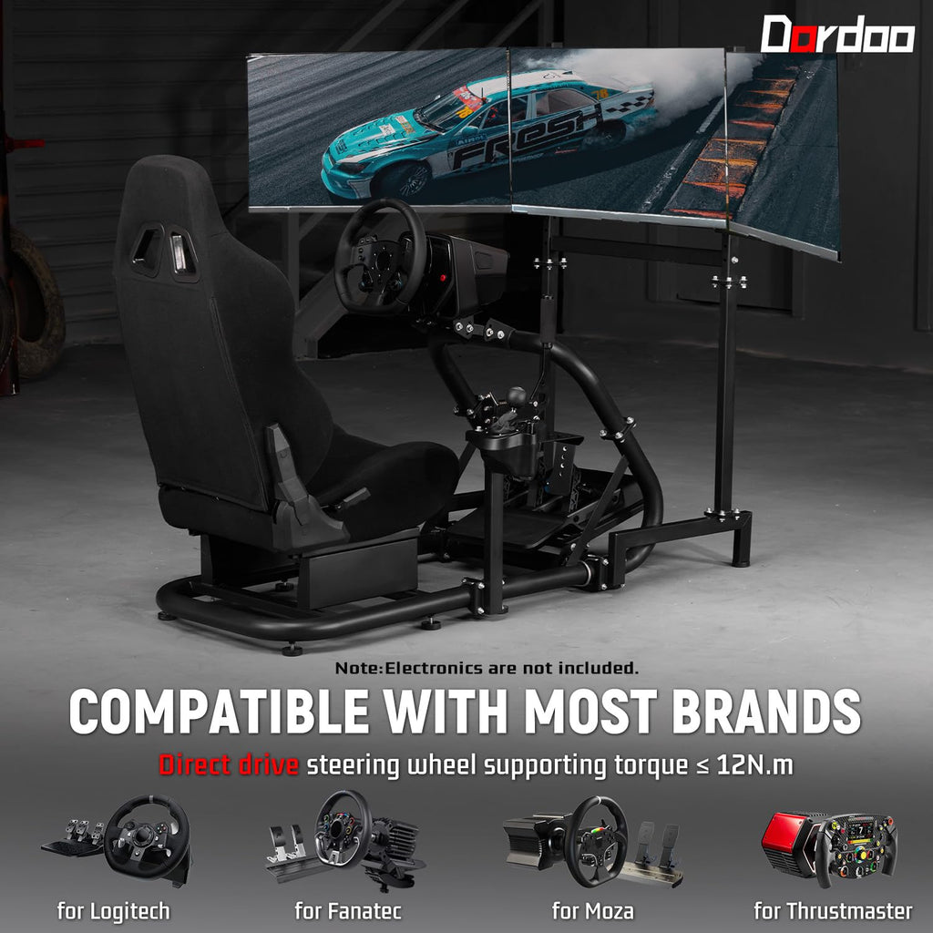 Dardoo Racing Simulator Cockpit with Triple Monitor Stand and Black Seat Compatible with Logitech G29 G920 G923, fit for Thrustmaster T300RS, fit for Fanatec CSL-DD, No Steering Wheel,Pedal,Handbrake