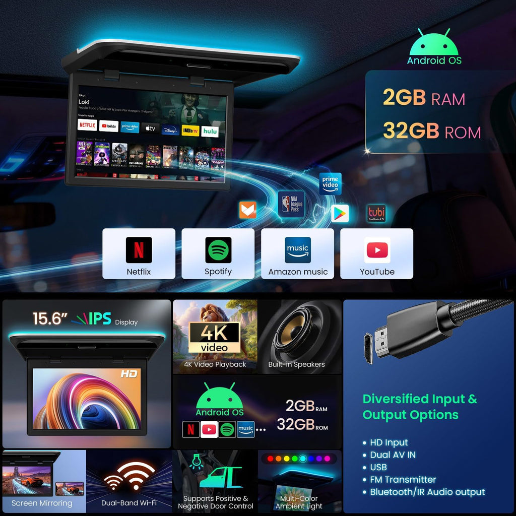 XTRONS 15.6' Android Car Overhead Player, 1366x768 HD Flip Down Roof Mount Monitor with Built-in Speaker, WiFi, Bluetooth, Supports HDMI USB Input, Screen Mirroring (2+32GB)