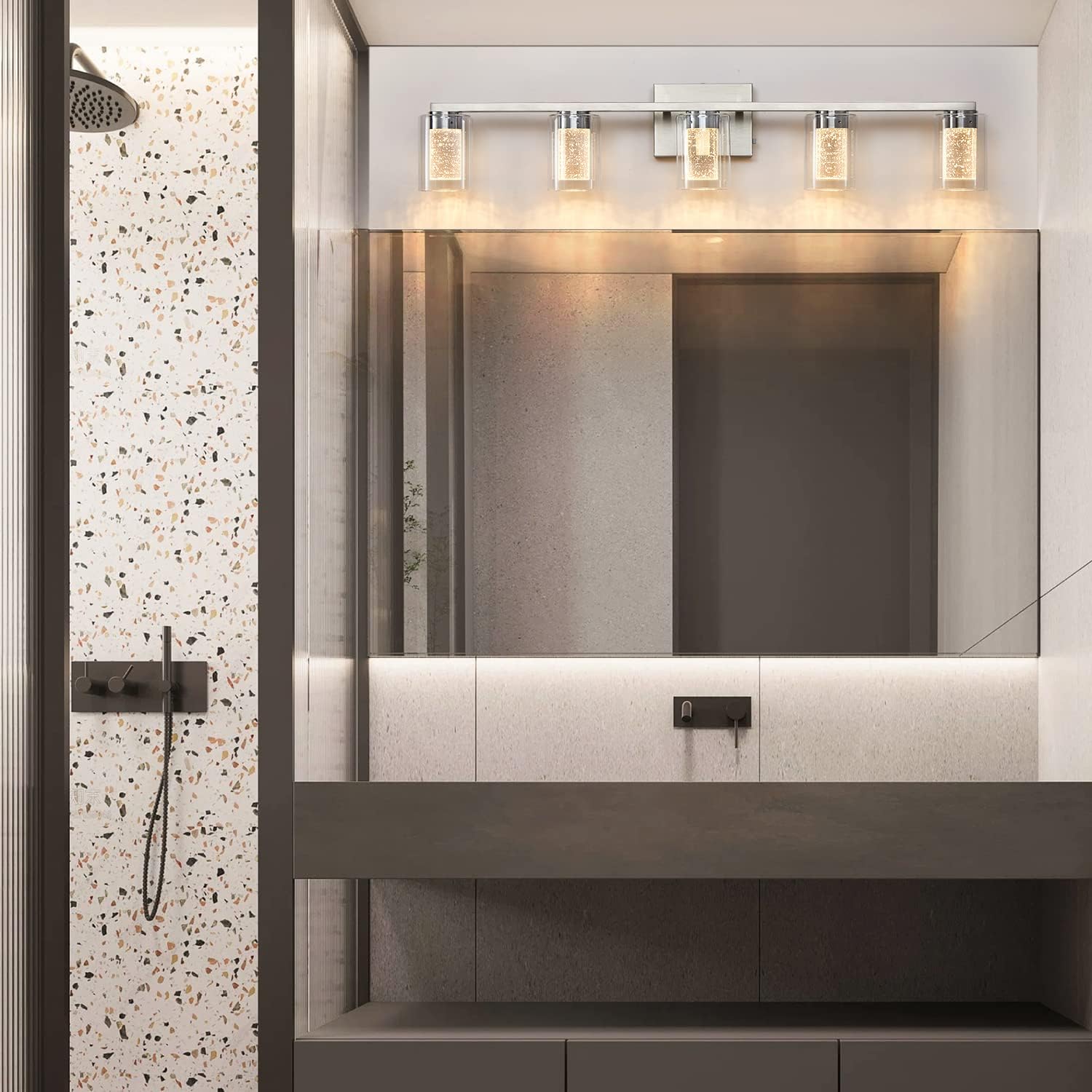 Bathroom Light Fixtures, 5 Light Brushed Nickel Bathroom Vanity Light Over Mirror, 3 Color LED Vanity Lights with Crystal Bubble Glass, Dimmable Wall Sconce Lighting for Bathroom，Living Room