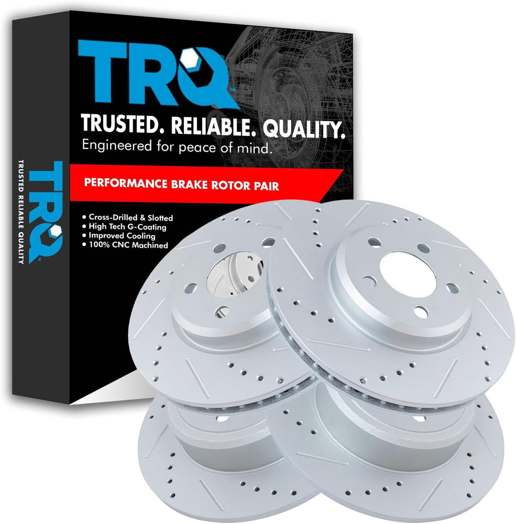 TRQ Performance Front and Rear Brake Rotor Set G Coated Drilled and Slotted Vented Solid Compatible with 2005-2023 Chrysler 300 2006-2023 Dodge Charger 2009-2023 Challenger 2005-2008 Magnum