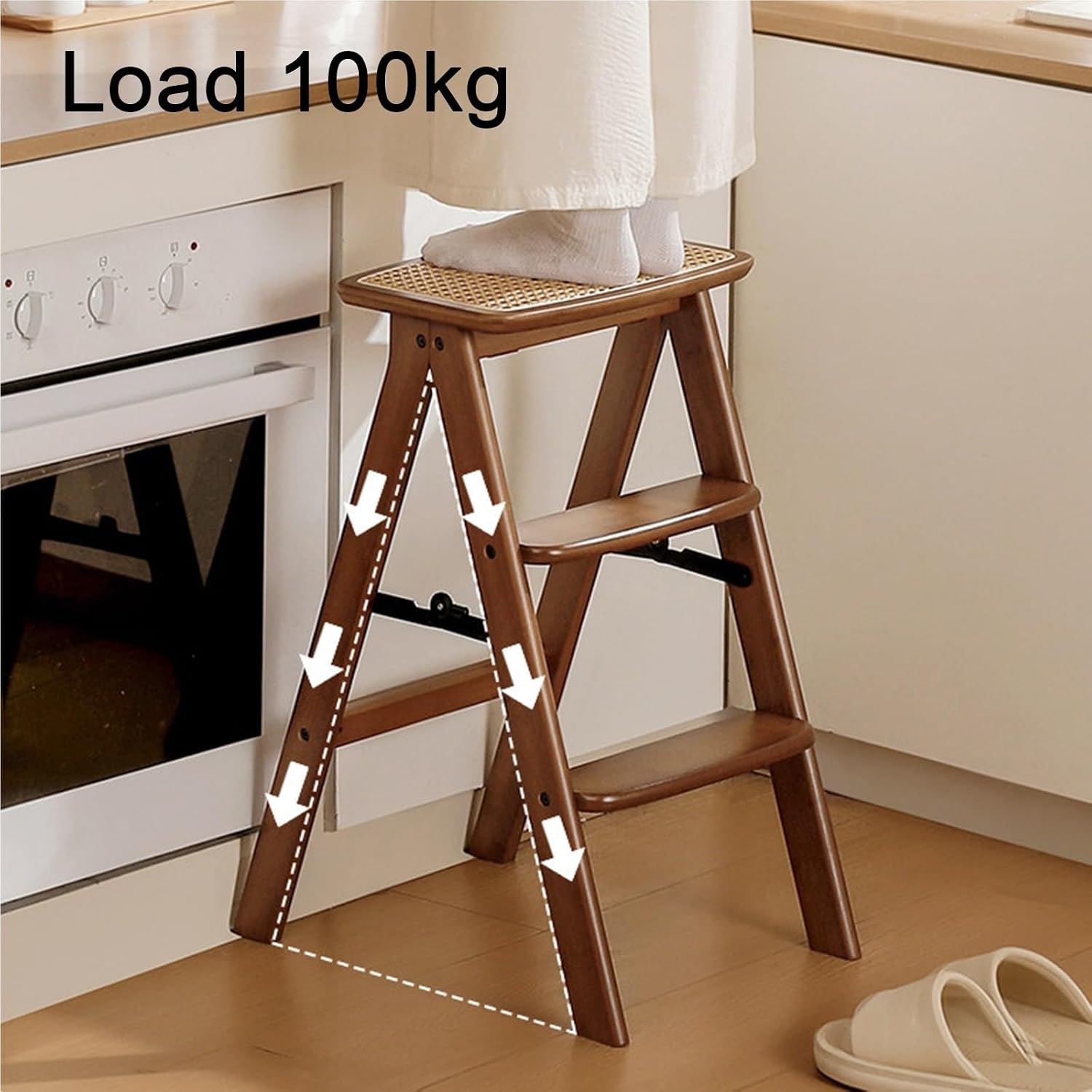 Solid Wood Folding Stool with Footrest Design Reinforced Plywood Construction Home-use Foldings Chair Triangular Load-bearing Structure Thickened Hardware Fittings Non-slip Foot Pads Rounded Edges