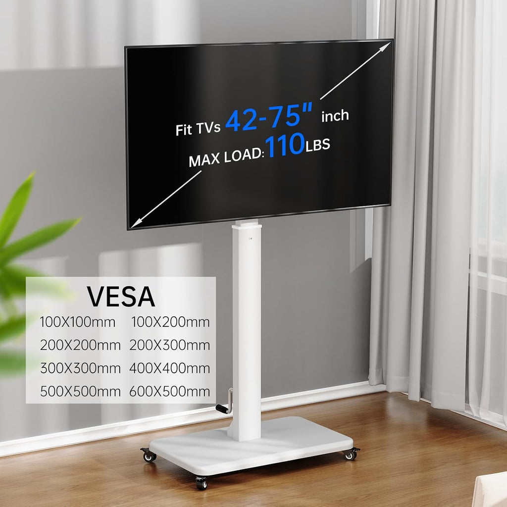 Mobile TV Cart with Handle Stepless Lift,Rolling TV Stand for 42-75inch TVs with 90 Rotating,Portrait to Landscape,Height Adjustable TV Stand with Wheels Holds up to 110lbs,Max VESA 600x500mm (White)