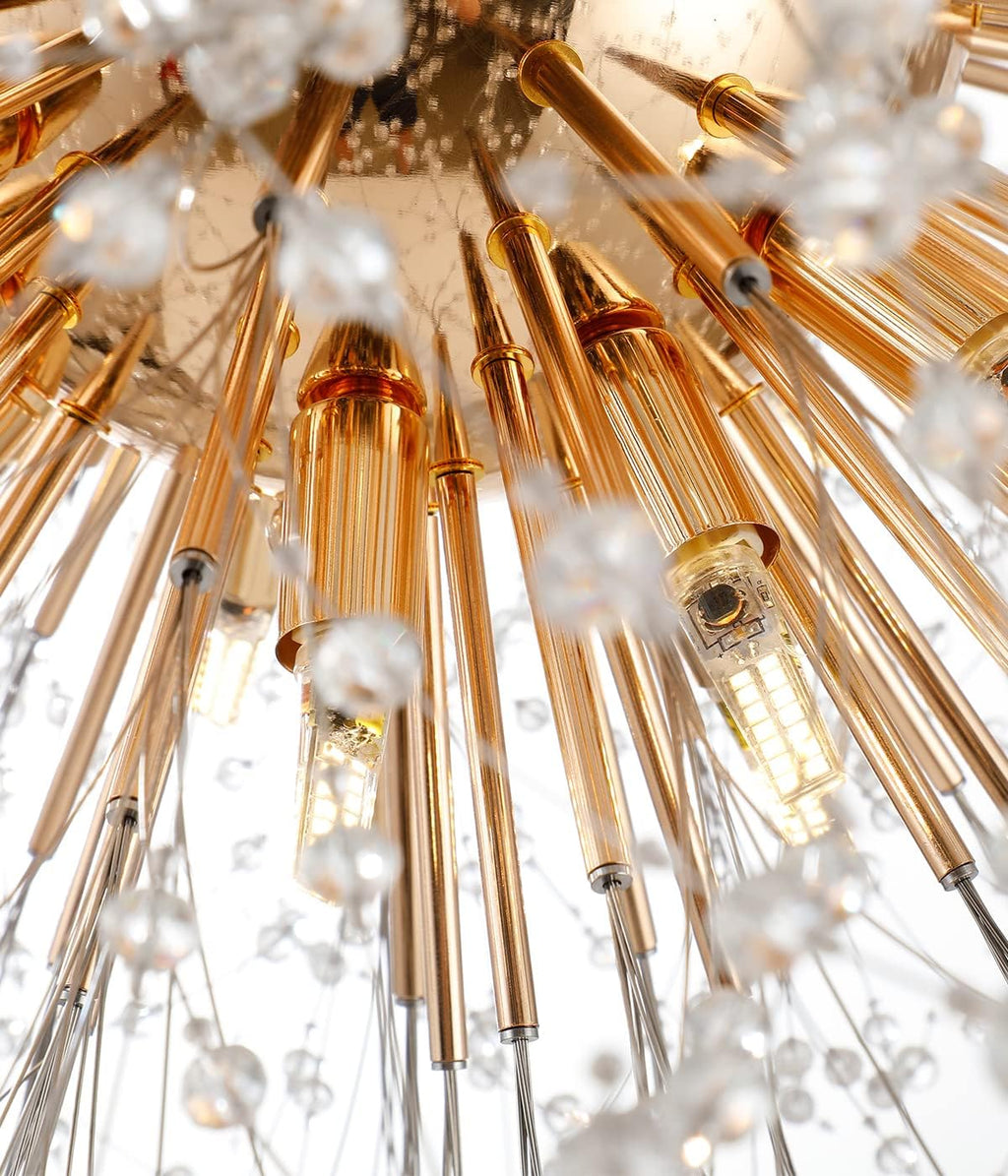 Gold Crystal Chandeliers Dandelion, 31.4' Steel Firework Chandelier Large Lighting, 16-Light Modern Sputnik Pendant Light Fixture for Living Room Bedroom