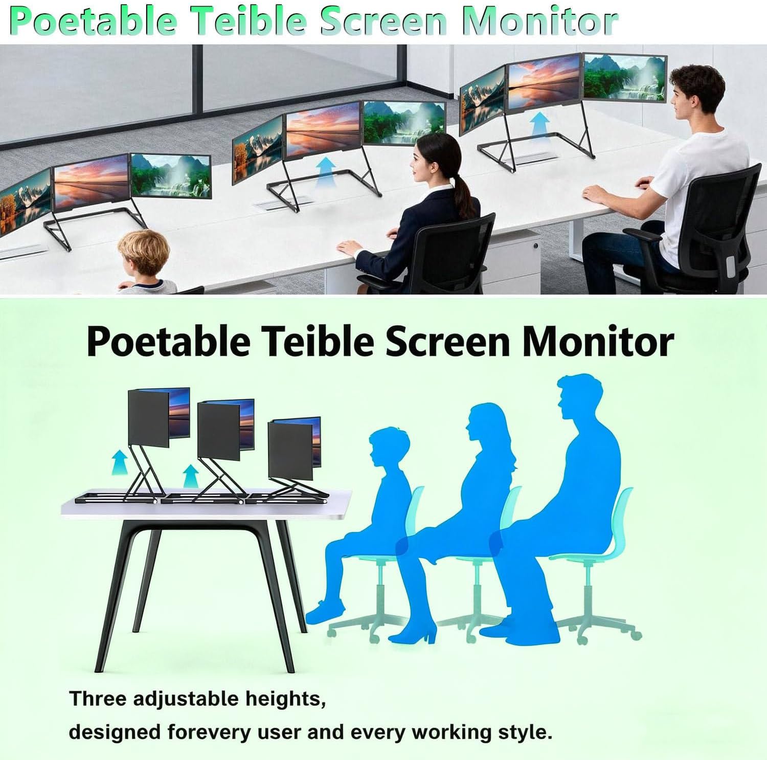 15.6' Laptop Tri-Fold Monitor, 1080p Fhd Portable Laptop Screen Extender, Type-C/HDMI/USB-C Triple Monitor with 360° Rotation Adjustable Viewing Angles Compatible with Windows and Macos