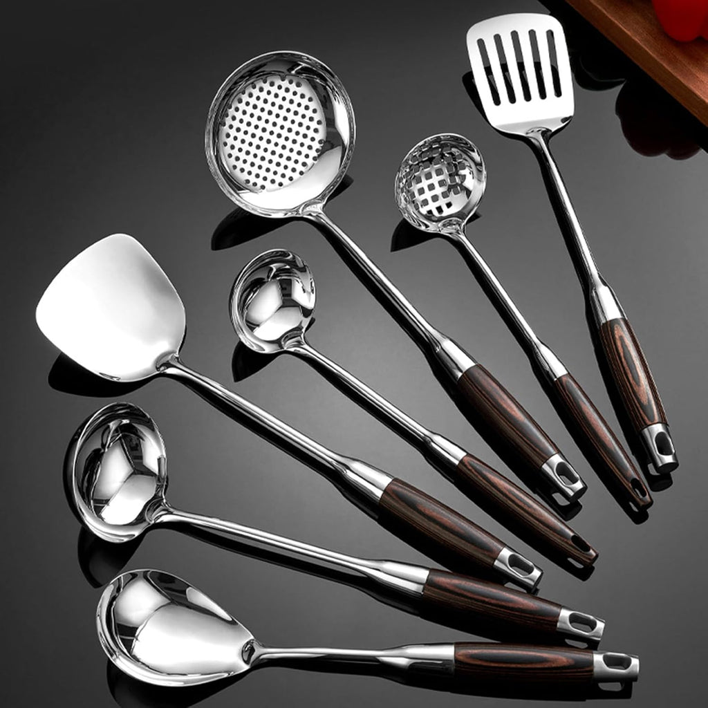 316 Stainless Steel Kitchen Utensils Set with Wooden Handle for Cooking Metal Kitchenware Cooking Utensils Set with Countertop Rotating Holder Stand Dishwasher Safe,6 Pcs