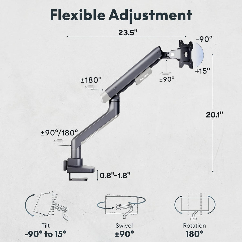 FlexiSpot Single Monitor Arm, Premium Aluminum Monitor Desk Mount Fits Screen up to 39 Inches, Fully Adjustable Monitor Stand with C-Clamp & Grommet Base, Holds 6.61 to 26.46 lbs, Gun Gray