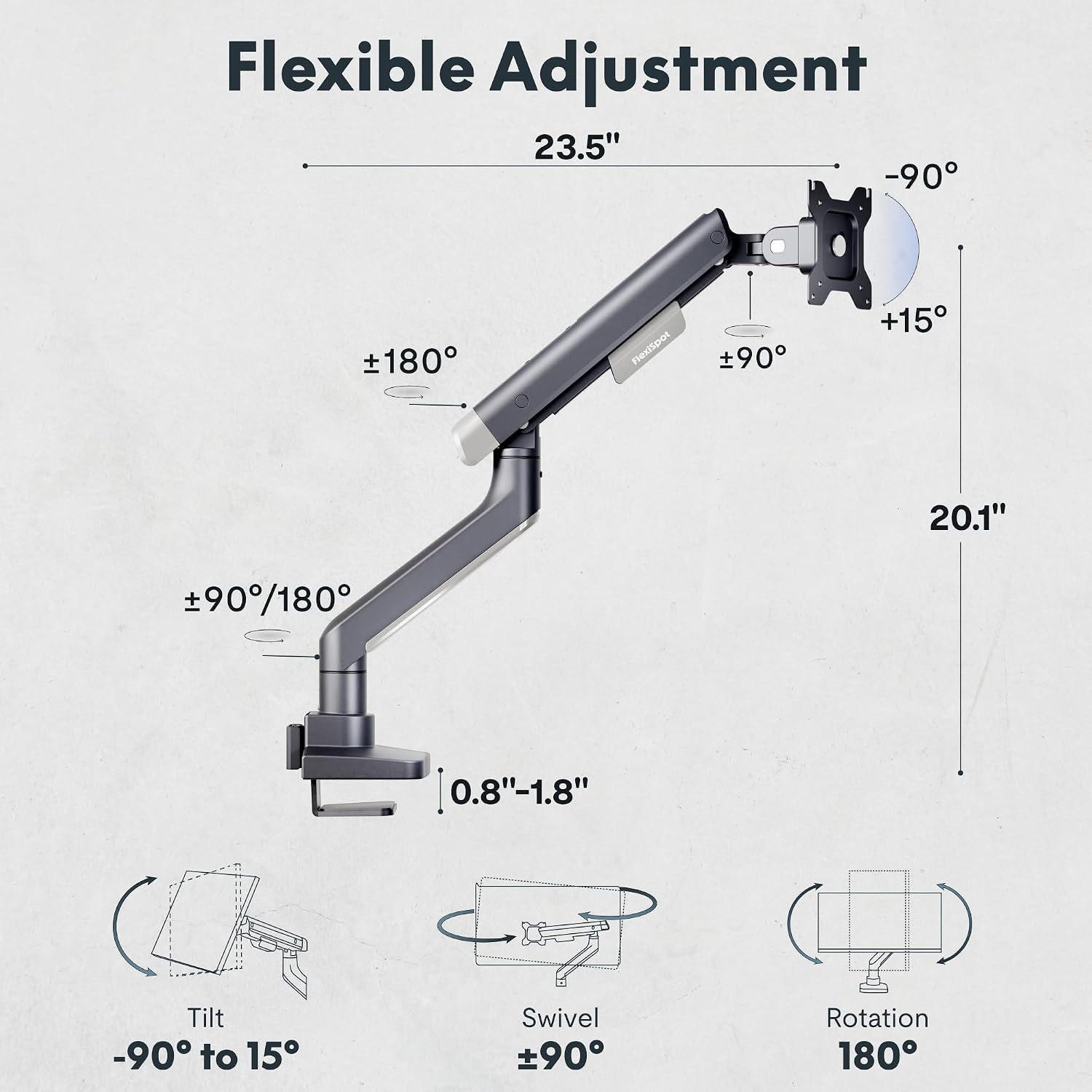 FlexiSpot Single Monitor Arm, Premium Aluminum Monitor Desk Mount Fits Screen up to 39 Inches, Fully Adjustable Monitor Stand with C-Clamp & Grommet Base, Holds 6.61 to 26.46 lbs, Gun Gray