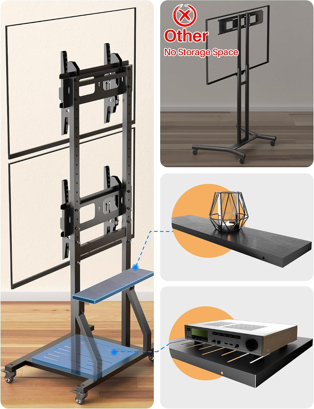 Mobile Dual TV Stand,Rolling TV Cart for 2 TVs with Table and Storage Space,Tilt TV Mount Floor Stand with Locking Wheels, Max VESA 600x400,Hold up to 132 lbs