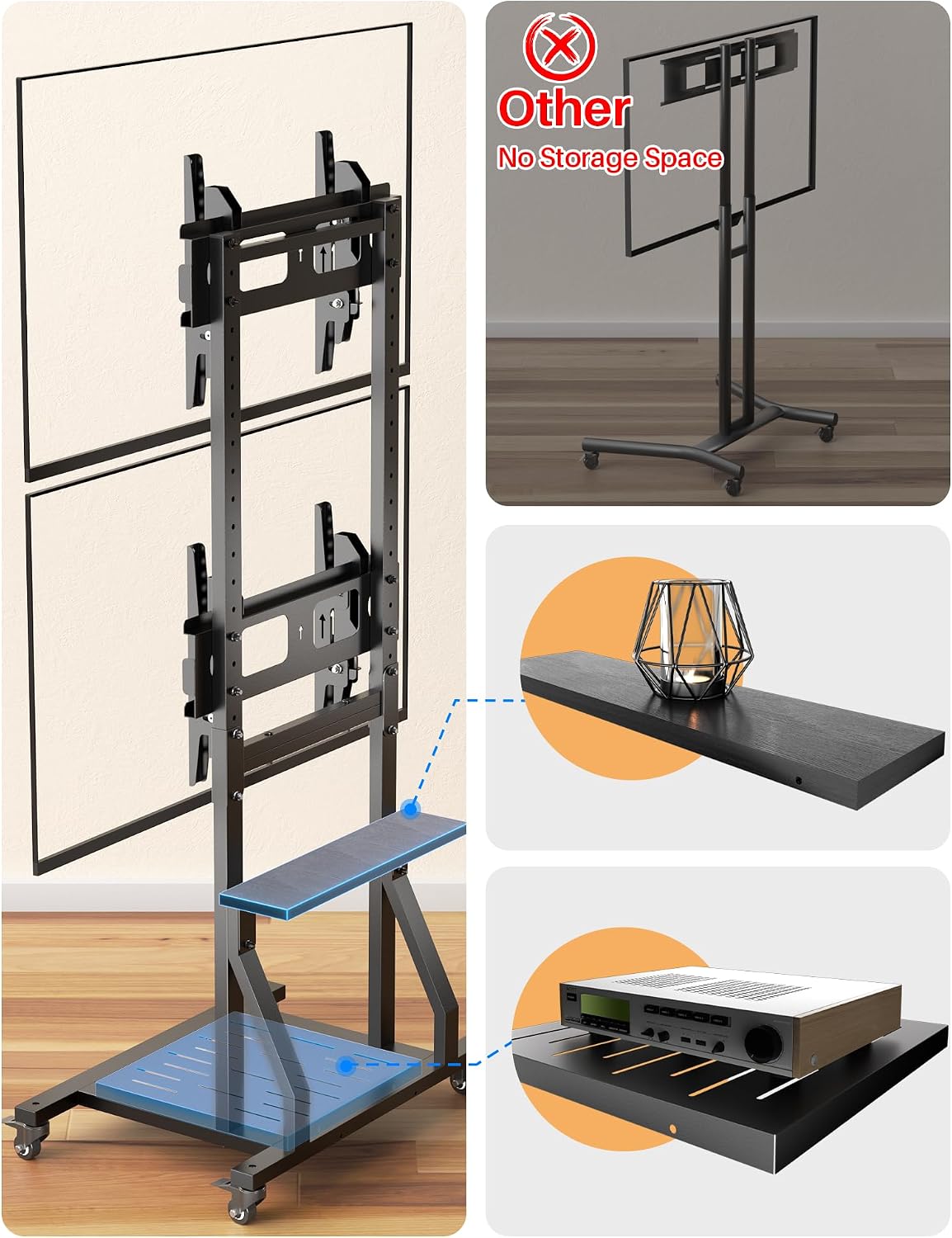 Mobile Dual TV Stand,Rolling TV Cart for 2 TVs with Table and Storage Space,Tilt TV Mount Floor Stand with Locking Wheels, Max VESA 600x400,Hold up to 132 lbs