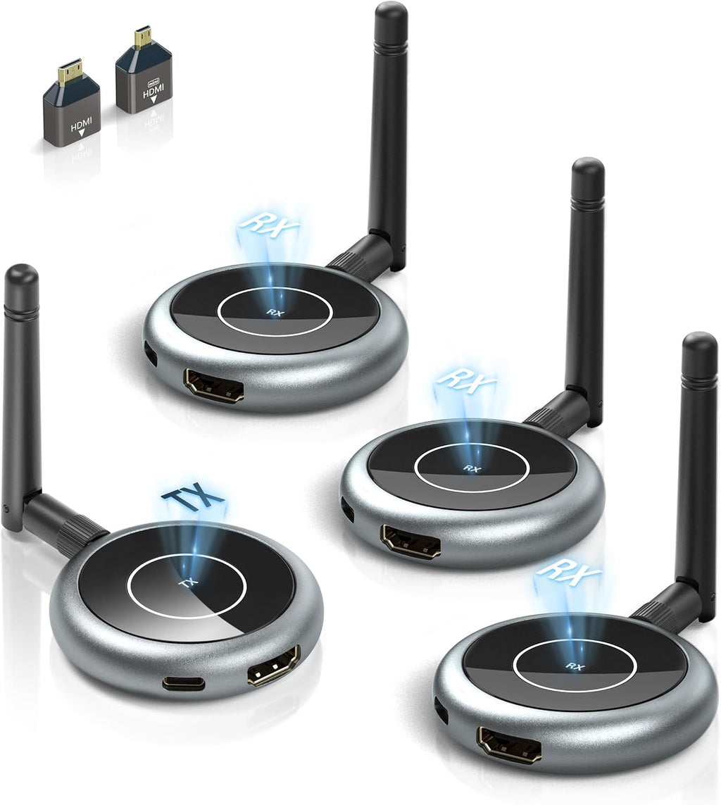 Wireless HDMI Transmitter and 3 Receivers, Plug and Play Multiple Tvs, 4K Decode 1080P@60Hz, 656FT/200M Range, Support 8 TVs, 5.8G/2.4G Extender for PC/Laptop/TV Box/Projector