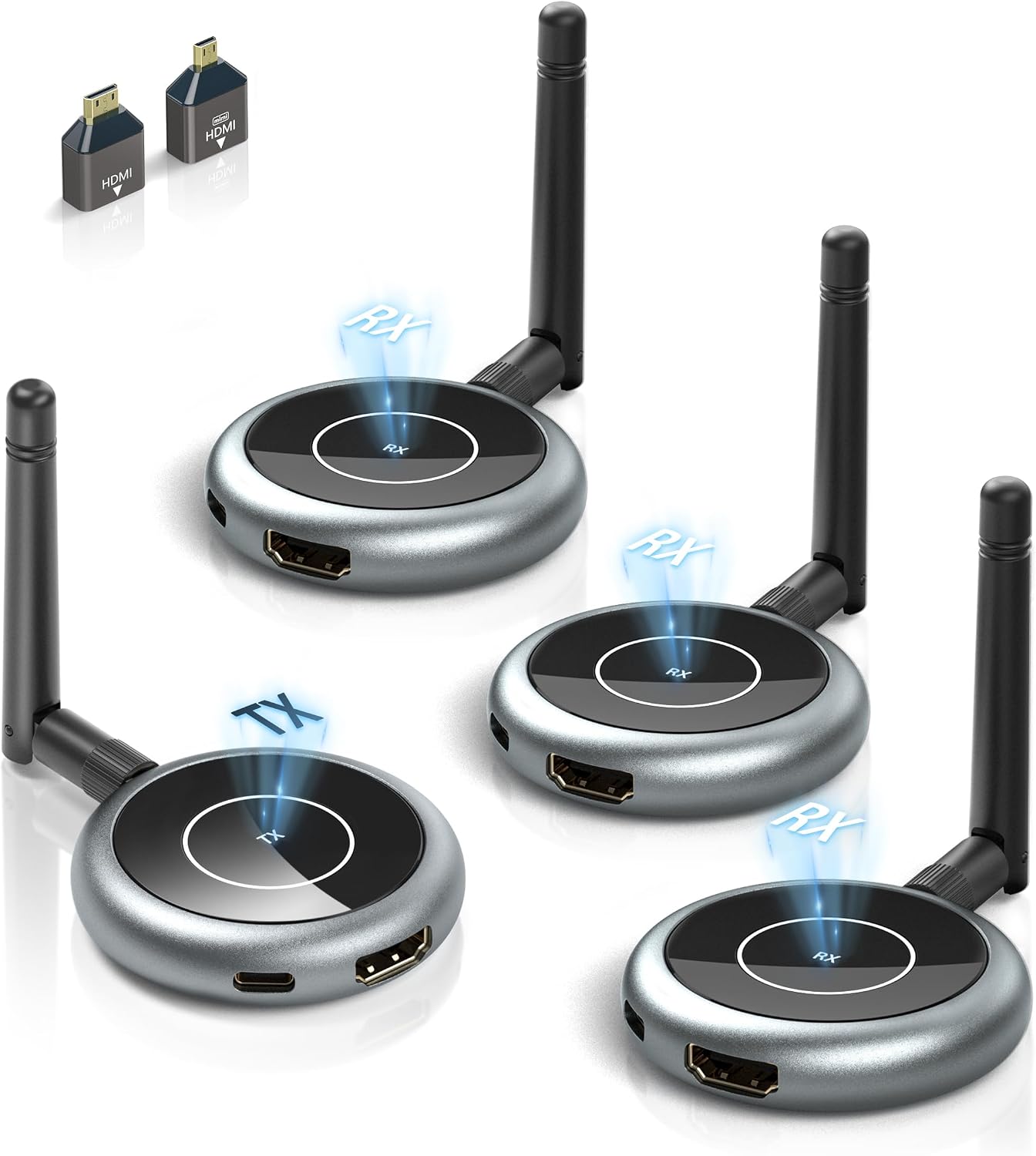 Wireless HDMI Transmitter and 3 Receivers, Plug and Play Multiple Tvs, 4K Decode 1080P@60Hz, 656FT/200M Range, Support 8 TVs, 5.8G/2.4G Extender for PC/Laptop/TV Box/Projector