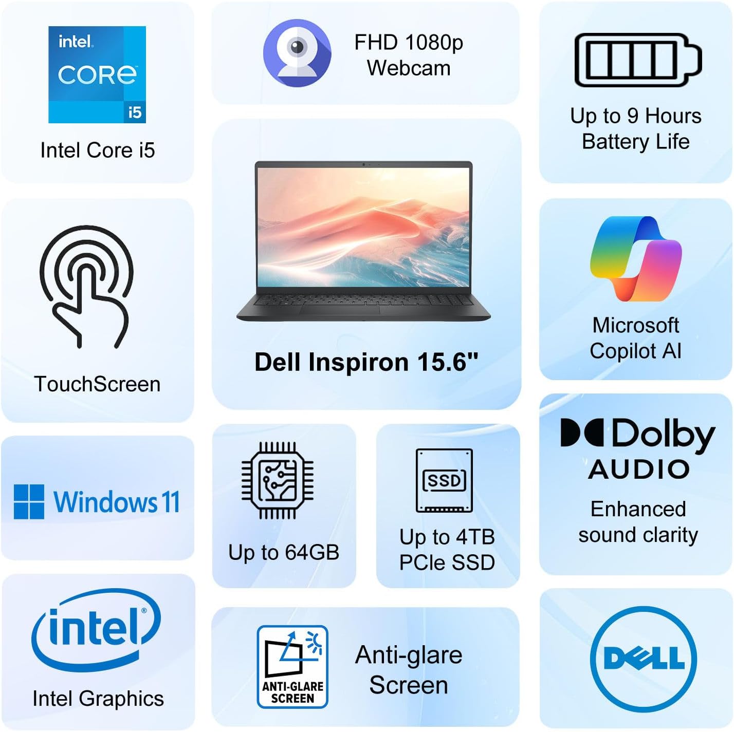 Dell Inspiron 15.6' FHD Touchscreen Laptop | 13th Gen Intel Core i5-1334U CPU | 32GB RAM | 2TB PCIe SSD | Wi-Fi6 | FHD 1080p Webcam | Copilot AI | Long Battery Life | Windows 11 | WOWPC USB