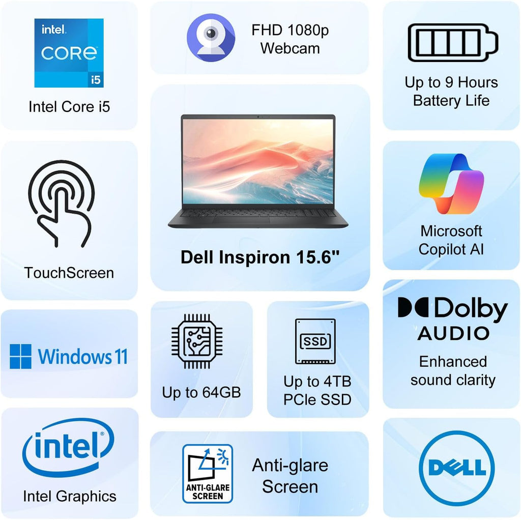 Dell Inspiron 15.6' FHD Touchscreen Laptop | 13th Gen Intel Core i5-1334U CPU | 64GB RAM | 4TB PCIe SSD | Wi-Fi6 | FHD 1080p Webcam | Copilot AI | Long Battery Life | Windows 11 Pro | WOWPC USB