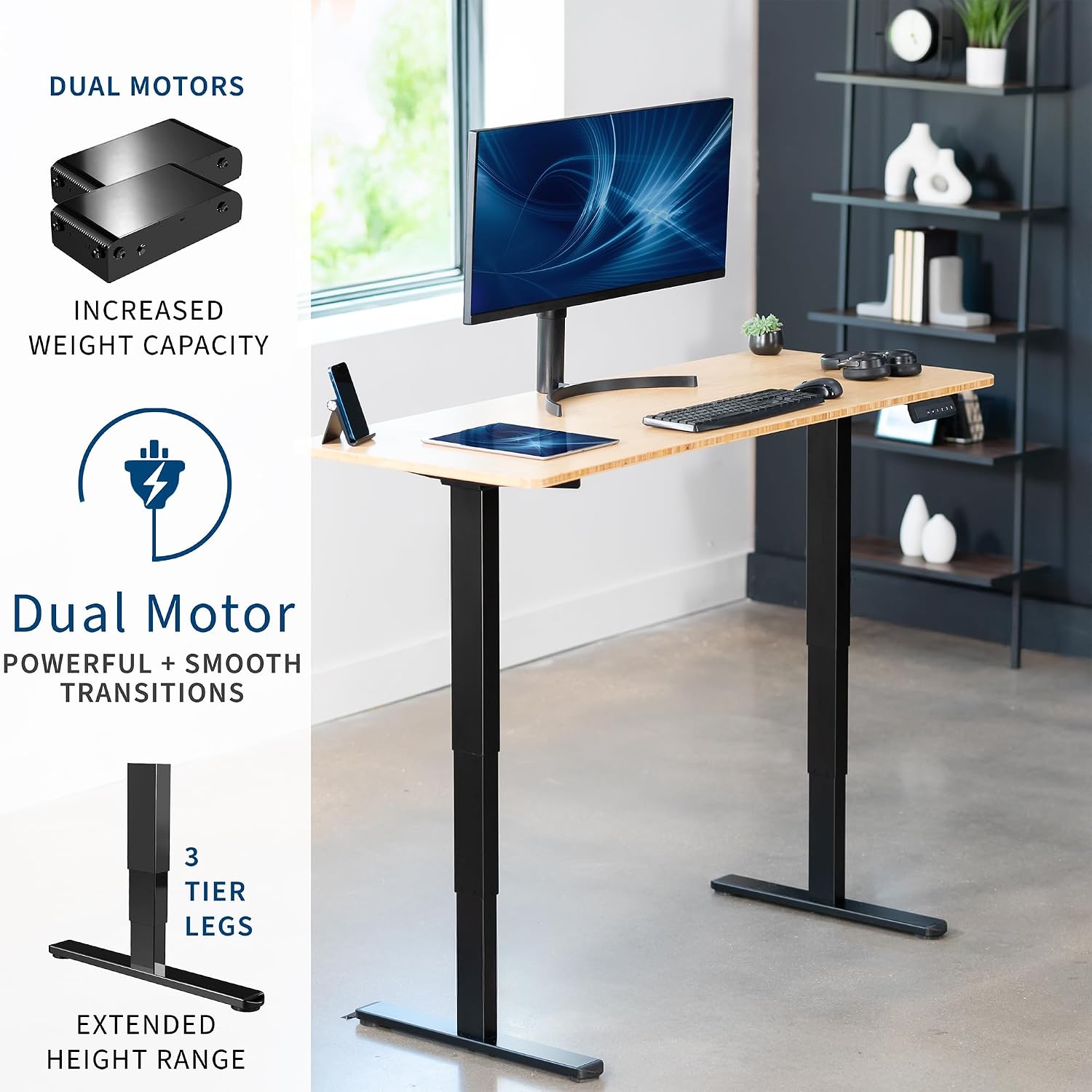 VIVO Electric 60 x 24 in Dual Motor Sit Stand Desk, Memory Height Adjustment, 2B Series, Bamboo Top Black Frame, DESK-KIT-2B6O