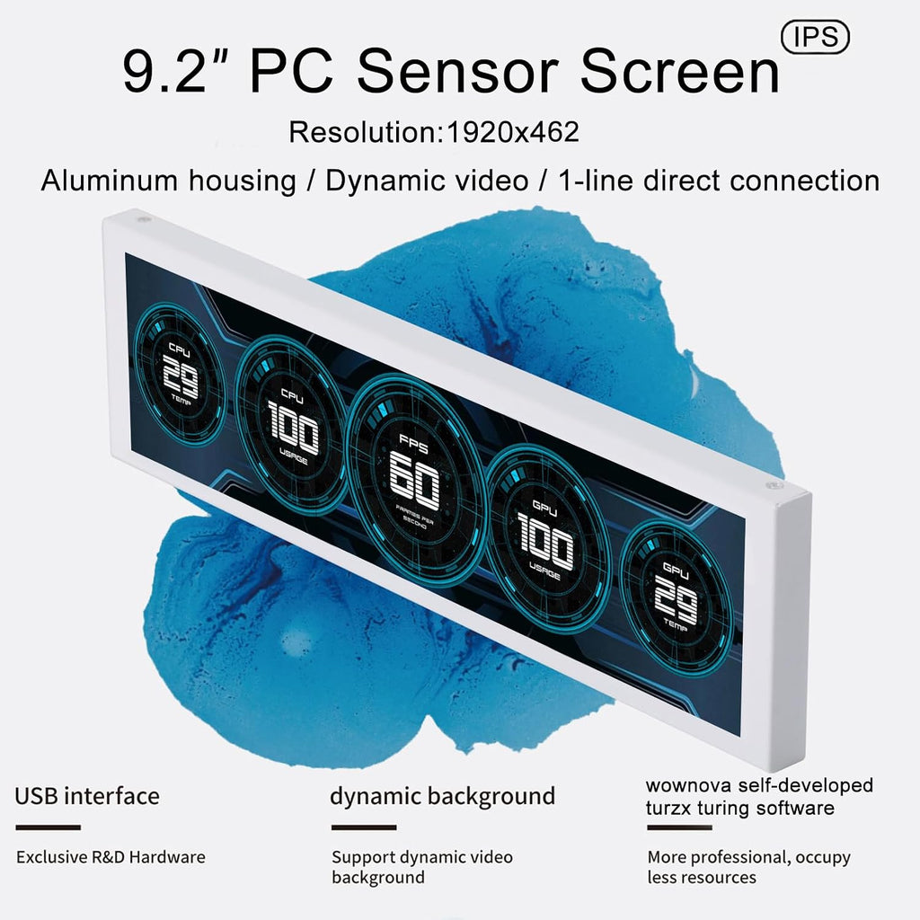 WOWNOVA 9.2' LCD Screen Inside PC Case Computer Temp Monitor Screen, 1 Click 1 Cable to Get Started Quickly PC Temperature Display IPS Sensor Panel CPU RAM HDD Data FPS Mini Monitor (White)