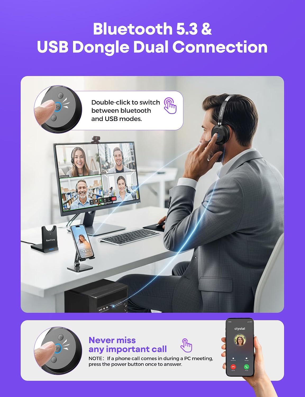 Wireless Headset with Mic for Work, Clear Sound ＆ Comfortable Computer Headset with Microphone, Bluetooth Headset with Charging Base & USB Dongle for Home/CallCenter/Teams/Zoom/Skype(Black)