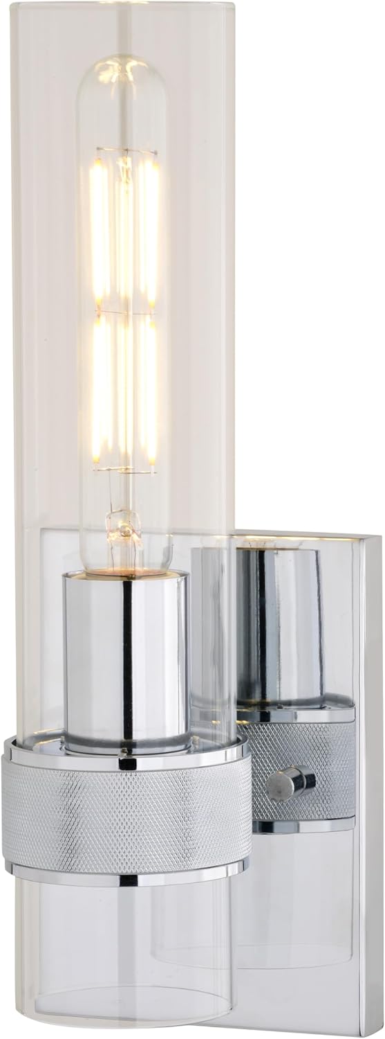 VAXCEL Bari 1 Light Bathroom Lighting Fixture with Clear Glass Cylinder Shade, Chrome Finish, Contemporary Modern Wall Sconce