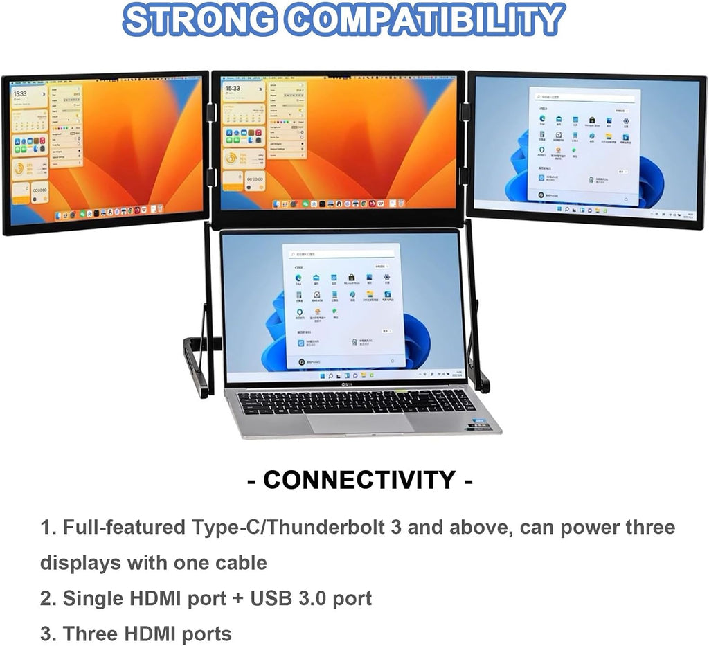 15.6' Portable Laptop Screen Extender, 1080P Triple Monitor with 360° Rotation, Adjustable Viewing Angles for Office & Remote Work, Boost Productivity & Multitasking