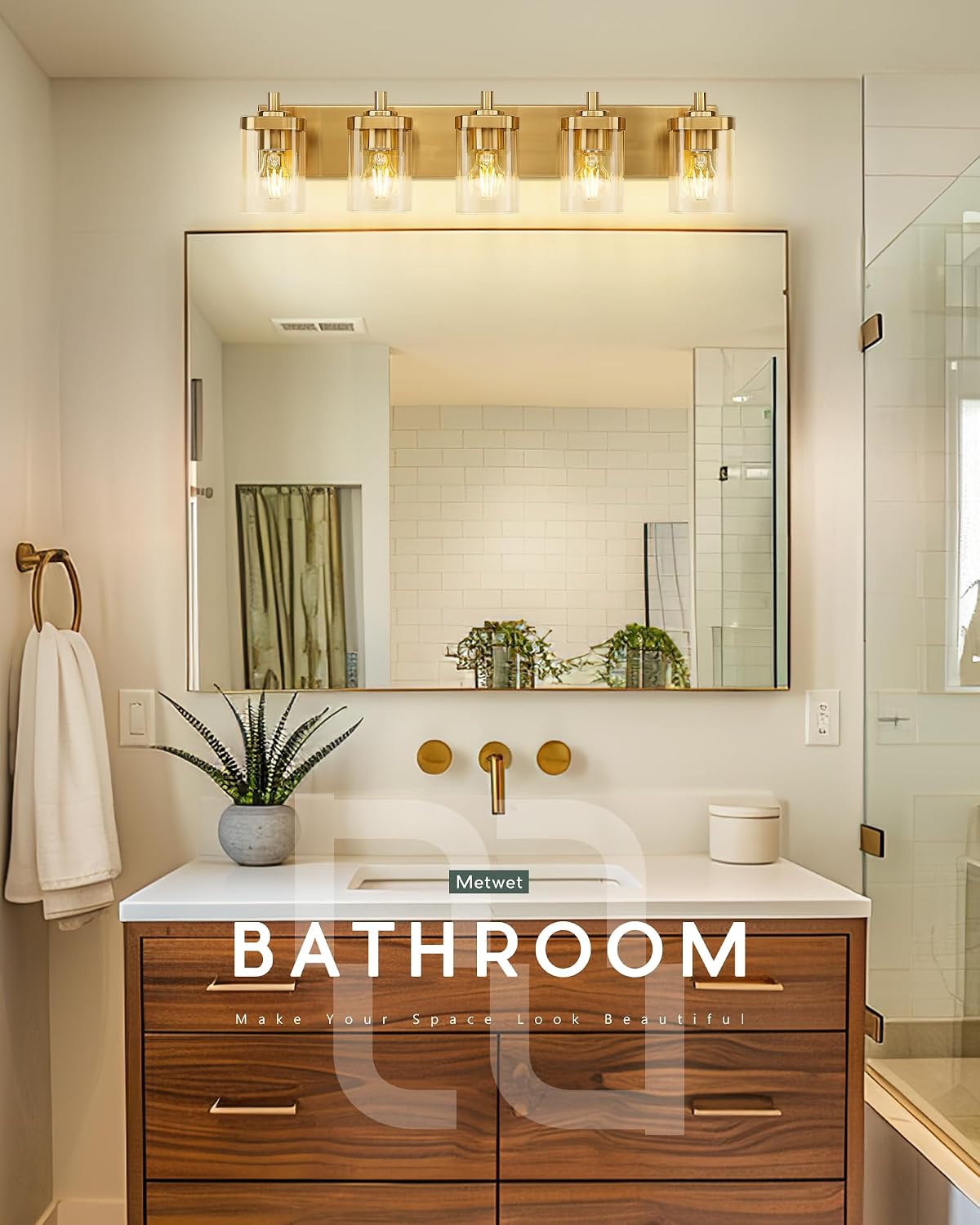 Gold Bathroom Light Fixtures with Square Clear Glass Shade | 30' Brushed Gold Vanity Light, 5-Light Modern Wall Sconces, Vanity Lighting Fixtures Over Mirror, VL194-BG-5