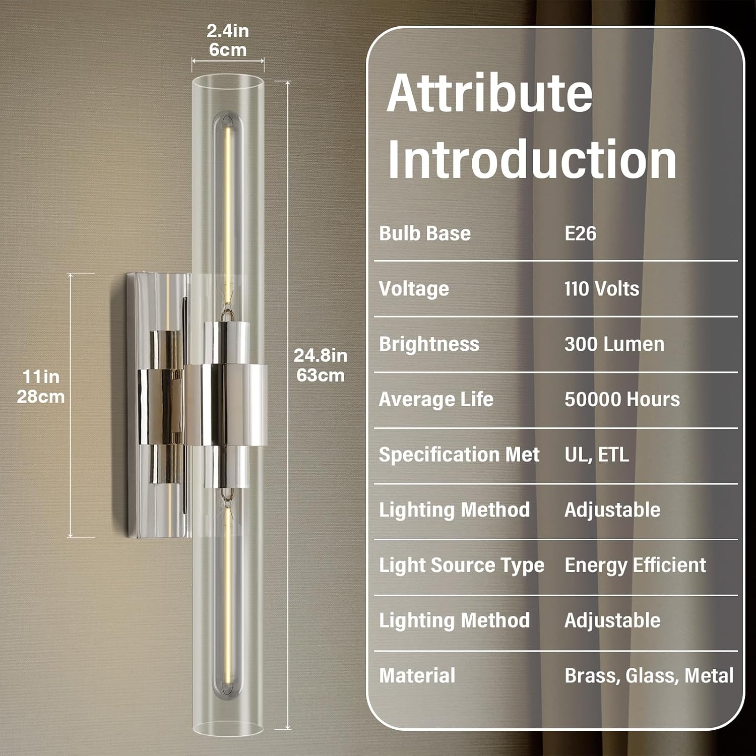 Wall Sconces Set of Two 22.8' Indoor Wall Light Fixtures, Nickel Bathroom Vanity Light Fixtures with Clear Glass, Modern Wall Lamp for Bathroom Living Room Bedroom Hallway(Bulb Included)